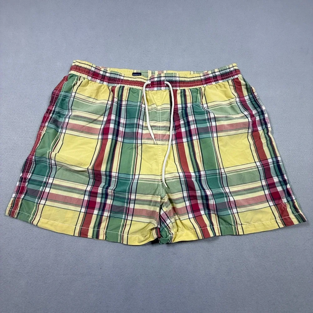 Polo Ralph Lauren‎ Mens XXL Madras Plaid Swim Trunks Yellow Green Red Mesh Lined